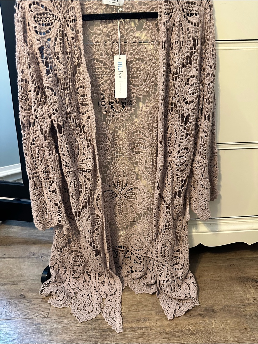 Bluivy Crochet Open-Front Cardigan in Dusty Mauve/ Latte